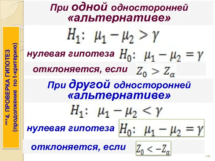 При одной односторонней «альтернативе» ***4. ПРОВЕРКА ГИПОТЕЗ (продолжение по t-критерию) нулевая