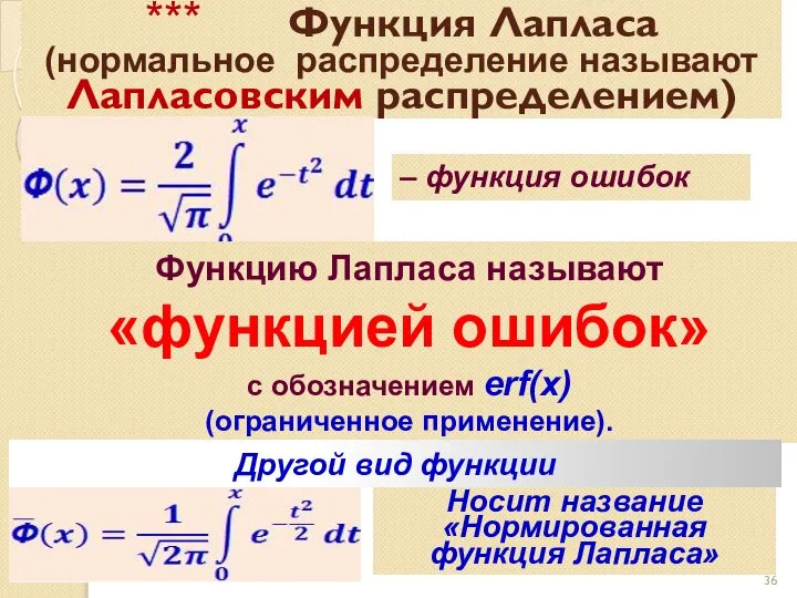 *** Функция Лапласа (нормальное распределение называют Лапласовским распределением) – функция ошибок