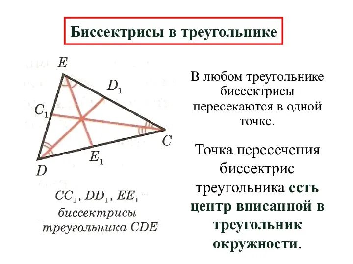 В любом треугольнике биссектрисы пересекаются в одной точке. Биссектрисы в треугольнике