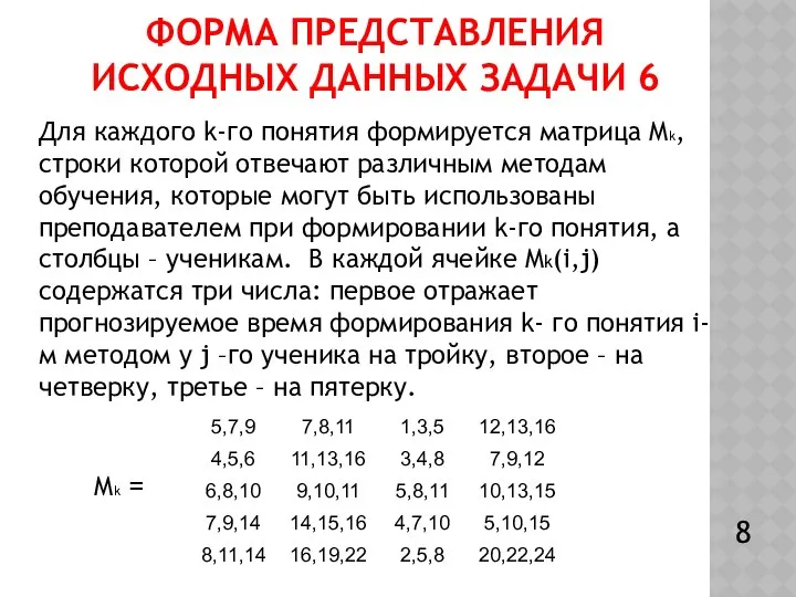 ФОРМА ПРЕДСТАВЛЕНИЯ ИСХОДНЫХ ДАННЫХ ЗАДАЧИ 6 Для каждого k-го понятия формируется