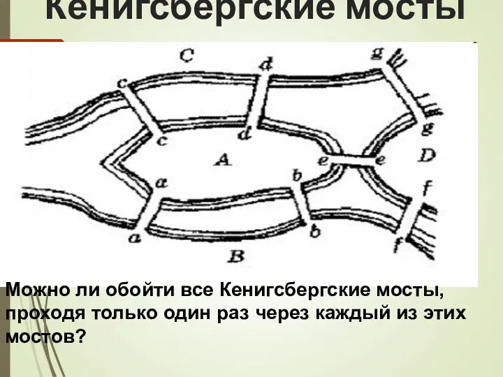 Кенигсбергские мосты Можно ли обойти все Кенигсбергские мосты, проходя только один