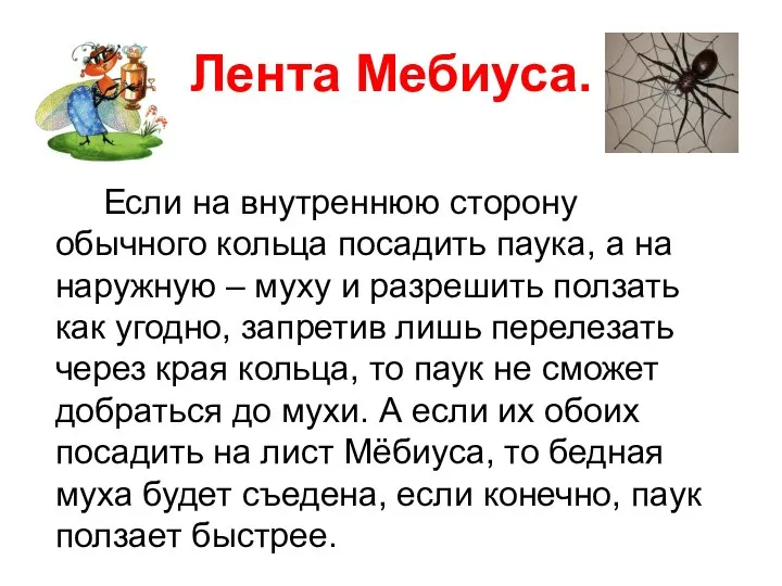 Лента Мебиуса. Если на внутреннюю сторону обычного кольца посадить паука, а