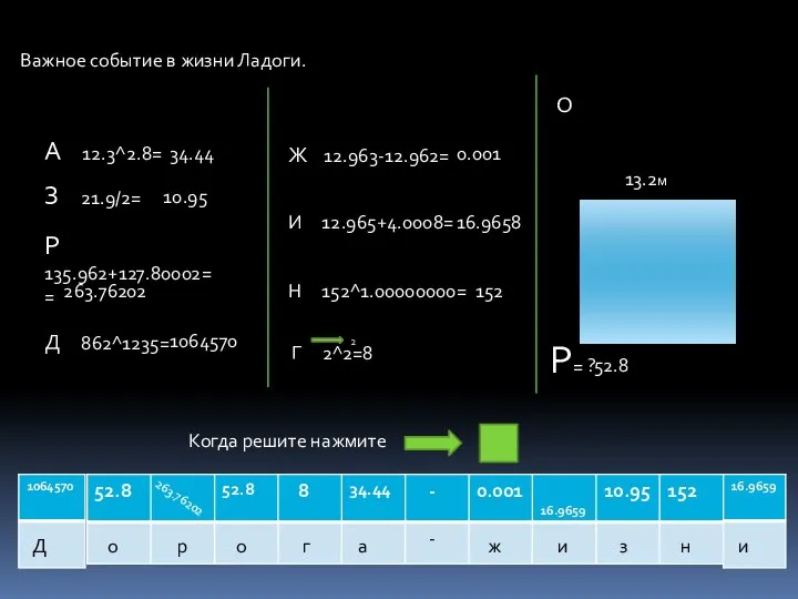 Важное событие в жизни Ладоги. А 12.3^2.8= 34.44 З 21.9/2= 10.95