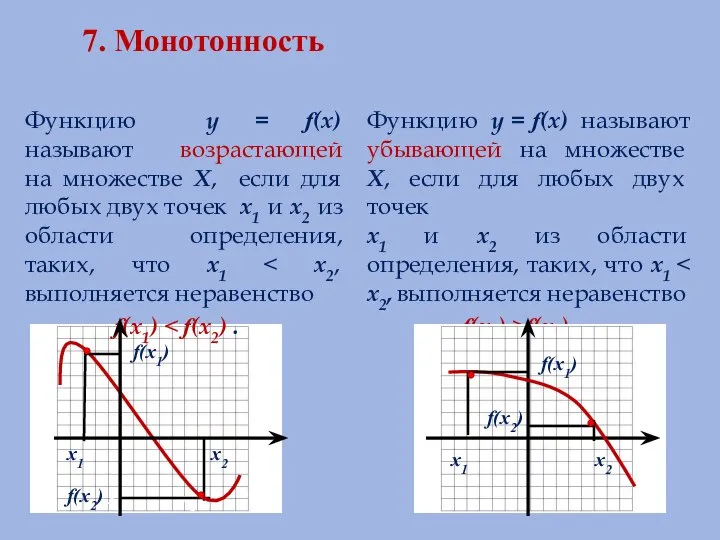 7. Монотонность Функцию у = f(х) называют возрастающей на множестве Х,