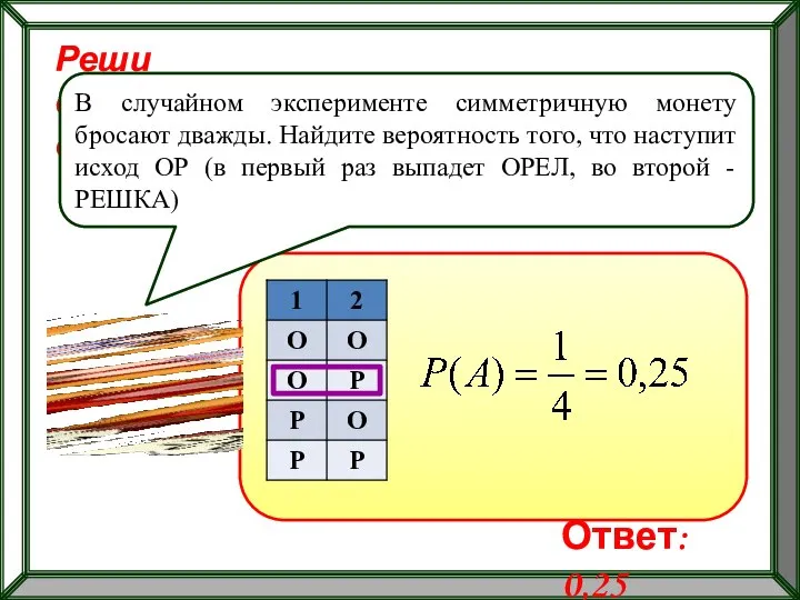 Реши самостоятельно! В случайном эксперименте симметричную монету бросают дважды. Найдите вероятность