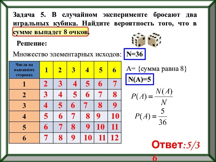 Задача 5. В случайном эксперименте бросают два игральных кубика. Найдите вероятность