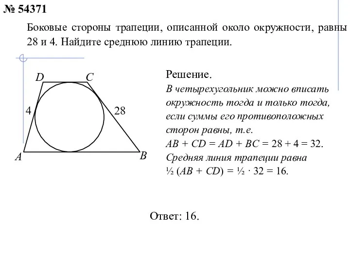 Ответ: 16. Боковые стороны трапеции, описанной около окружности, равны 28 и