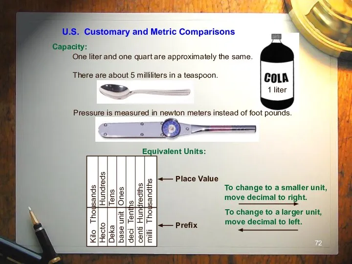 U.S. Customary and Metric Comparisons Capacity: One liter and one quart