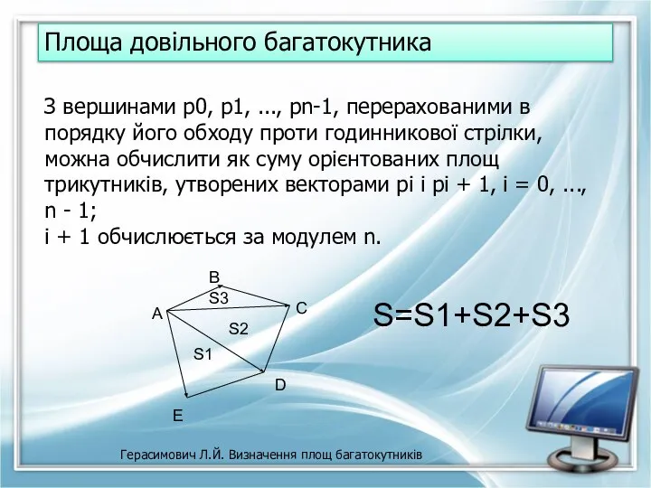 Герасимович Л.Й. Визначення площ багатокутників Площа довільного багатокутника З вершинами p0,