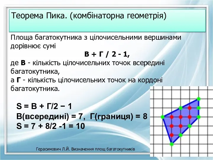 Теорема Пика. (комбінаторна геометрія) Герасимович Л.Й. Визначення площ багатокутників Площа багатокутника