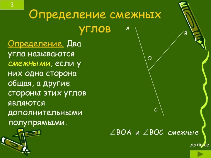 Определение смежных углов Определение. Два угла называются смежными, если у них