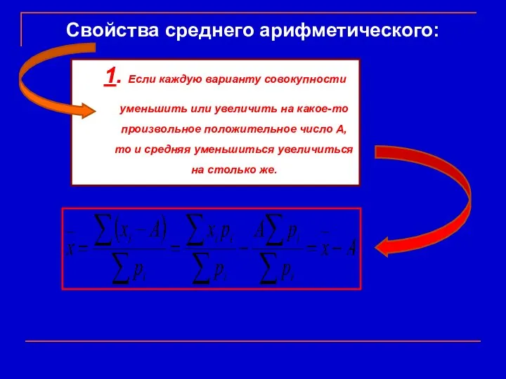 Свойства среднего арифметического: 1. Если каждую варианту совокупности уменьшить или увеличить