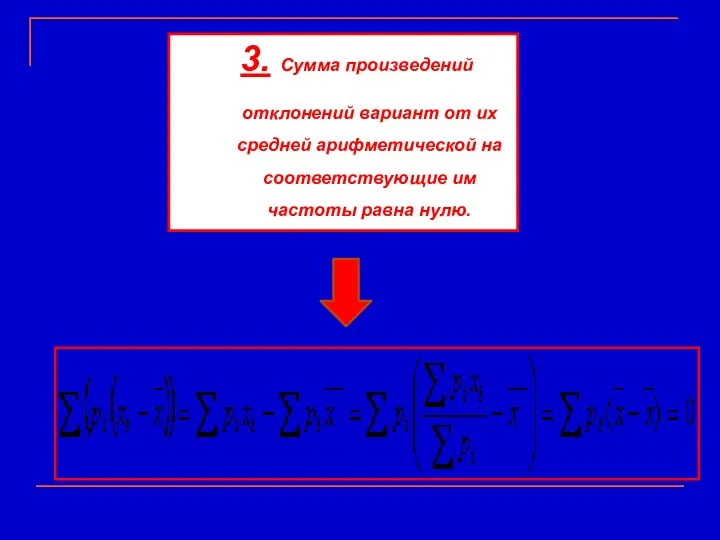 3. Сумма произведений отклонений вариант от их средней арифметической на соответствующие им частоты равна нулю.