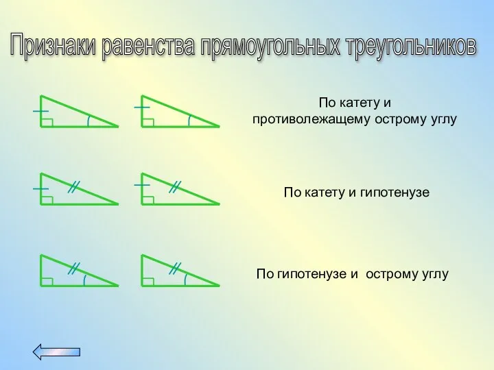 Признаки равенства прямоугольных треугольников По катету и противолежащему острому углу По