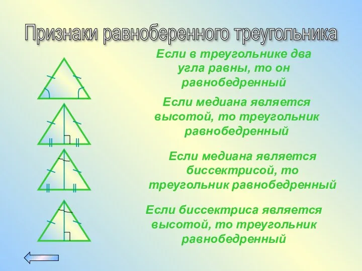 Признаки равноберенного треугольника Если в треугольнике два угла равны, то он