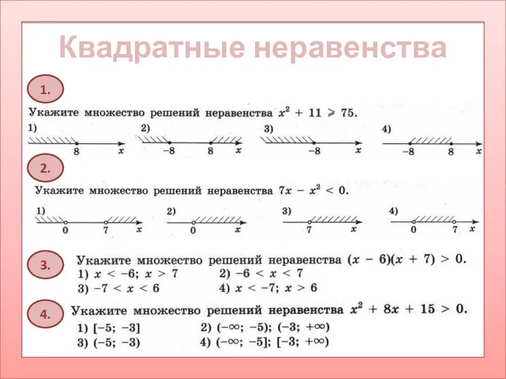 Квадратные неравенства 1. 2. 3. 4.