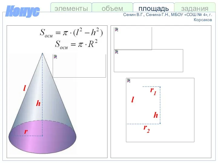элементы площадь задания объем Конус Сенин В.Г., Сенина Г.Н., МБОУ «СОШ
