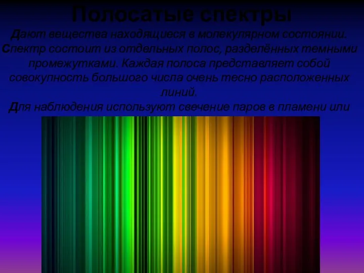 Полосатые спектры Дают вещества находящиеся в молекулярном состоянии. Спектр состоит из