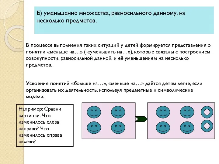 Б) уменьшение множества, равносильного данному, на несколько предметов. В процессе выполнения