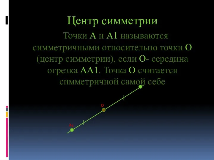 Центр симметрии Точки А и А1 называются симметричными относительно точки О