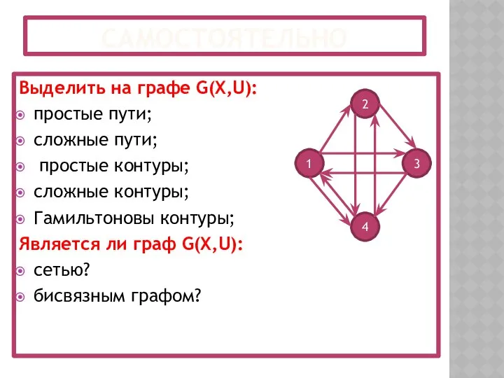 САМОСТОЯТЕЛЬНО Выделить на графе G(X,U): простые пути; сложные пути; простые контуры;