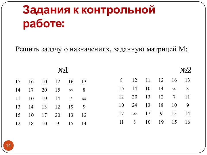 Задания к контрольной работе: Решить задачу о назначениях, заданную матрицей М: №1 №2