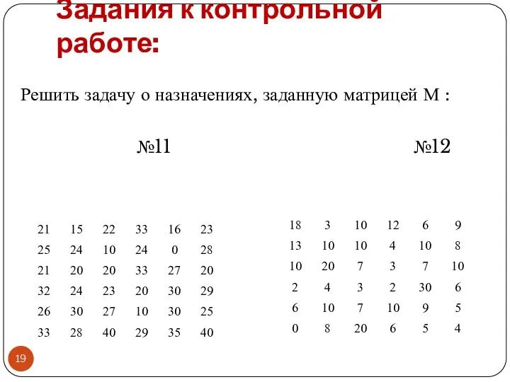 Задания к контрольной работе: Решить задачу о назначениях, заданную матрицей М : №11 №12