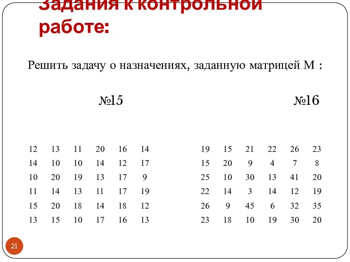 Задания к контрольной работе: Решить задачу о назначениях, заданную матрицей М : №15 №16