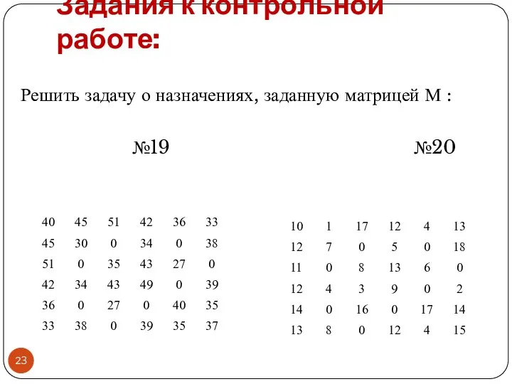 Задания к контрольной работе: Решить задачу о назначениях, заданную матрицей М : №19 №20