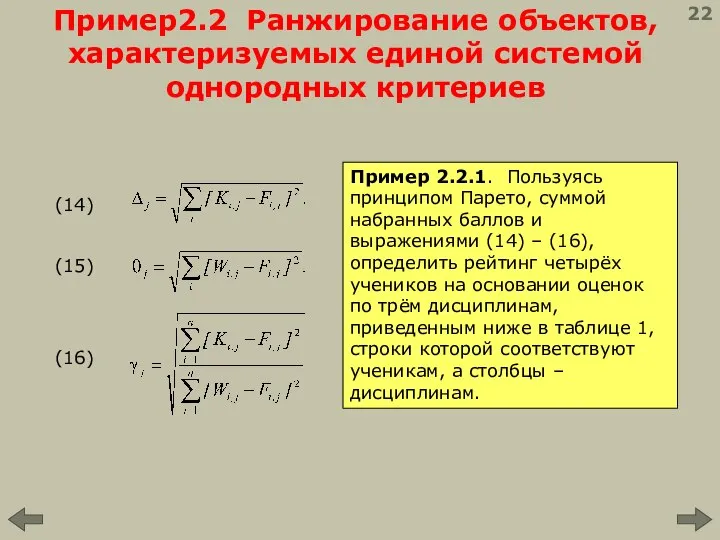 Пример2.2 Ранжирование объектов, характеризуемых единой системой однородных критериев 22 Пример 2.2.1.