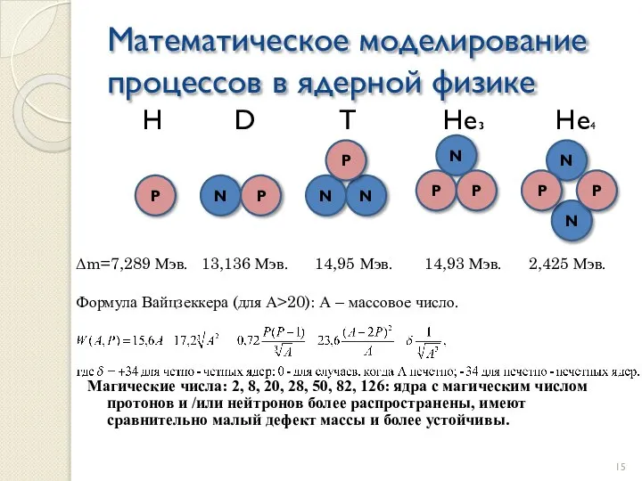 Математическое моделирование процессов в ядерной физике H D T He3 He4