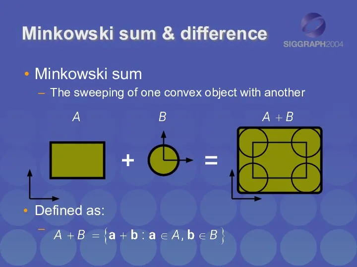 Minkowski sum & difference Minkowski sum The sweeping of one convex object with another Defined as: