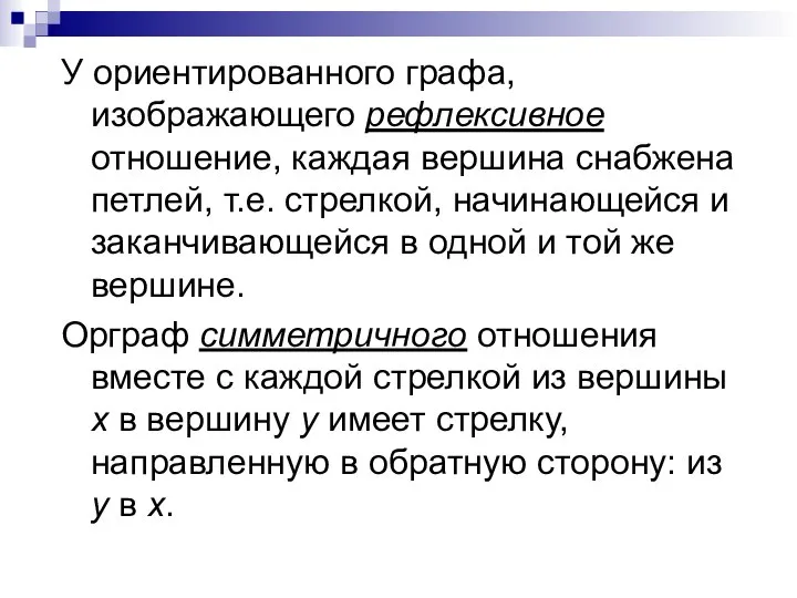 У ориентированного графа, изображающего рефлексивное отношение, каждая вершина снабжена петлей, т.е.