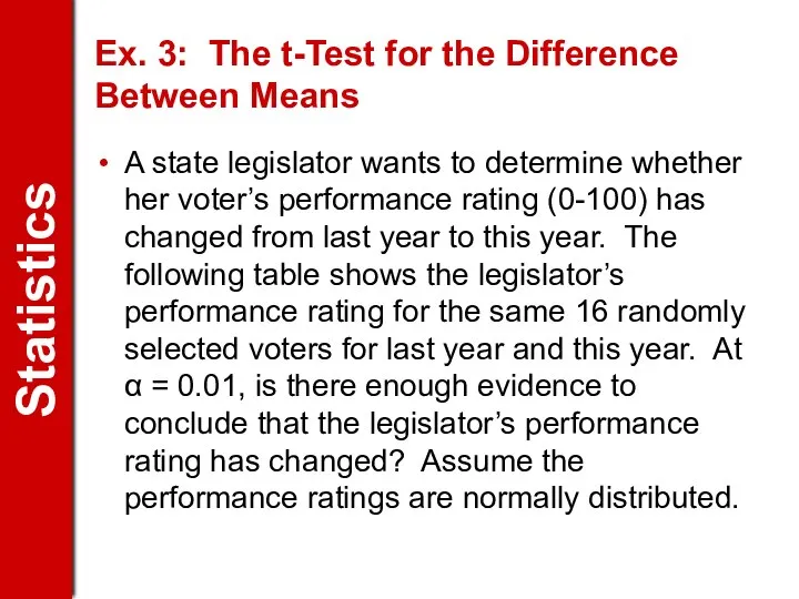 Ex. 3: The t-Test for the Difference Between Means A state