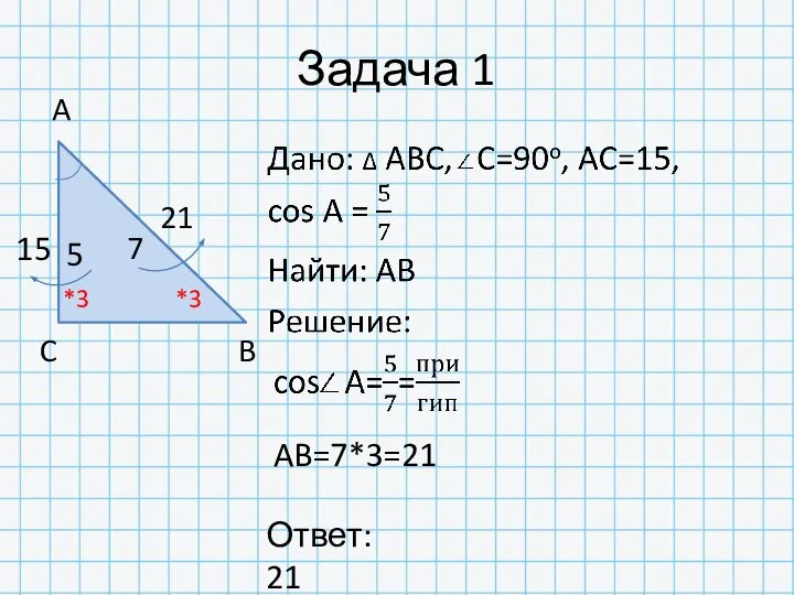 Задача 1 15 21 A C B 5 7 Ответ: 21 *3 *3 AB=7*3=21