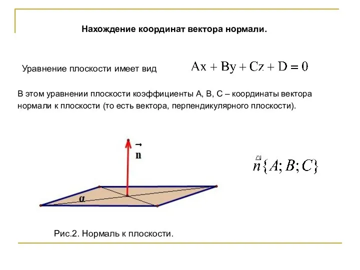 Уравнение плоскости имеет вид В этом уравнении плоскости коэффициенты А, В,