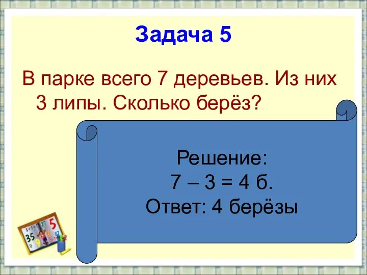 Задача 5 В парке всего 7 деревьев. Из них 3 липы.