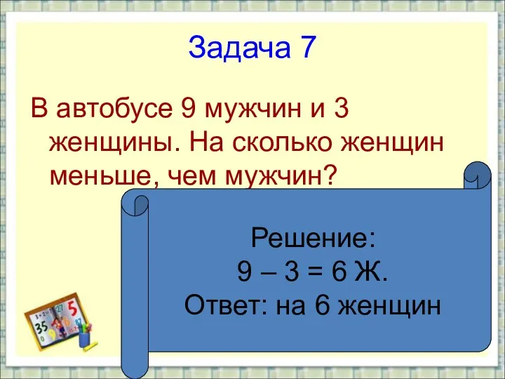 Задача 7 В автобусе 9 мужчин и 3 женщины. На сколько