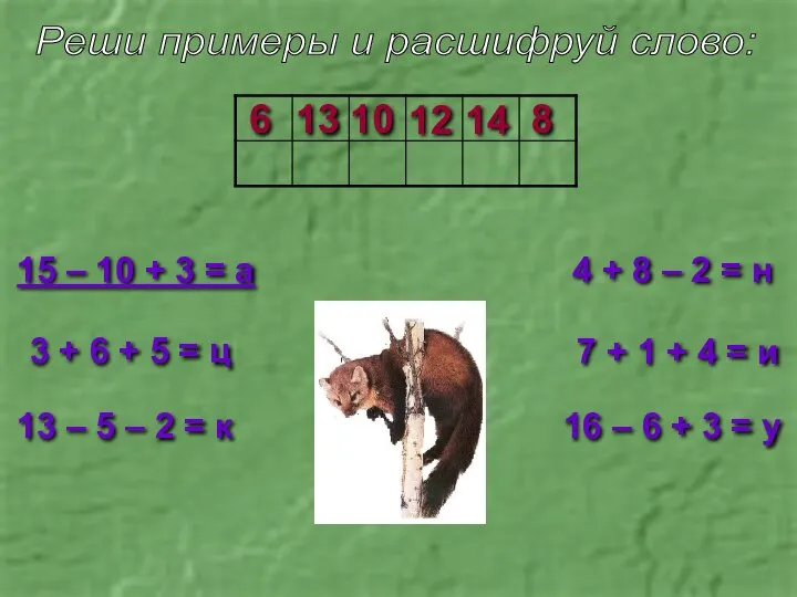 Реши примеры и расшифруй слово: 15 – 10 + 3 =