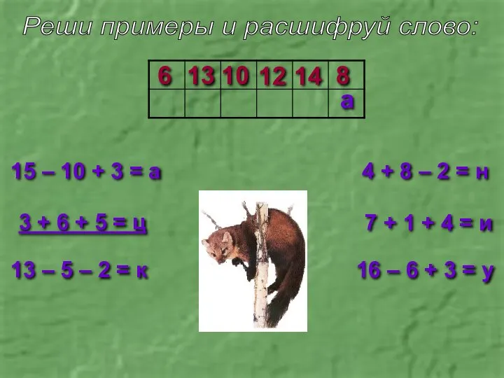 Реши примеры и расшифруй слово: 15 – 10 + 3 =