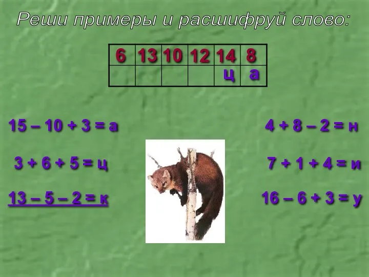 Реши примеры и расшифруй слово: 15 – 10 + 3 =