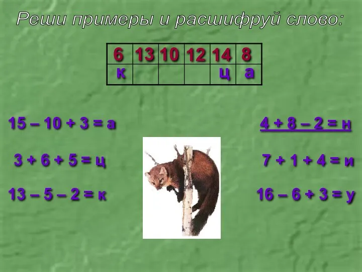 Реши примеры и расшифруй слово: 15 – 10 + 3 =