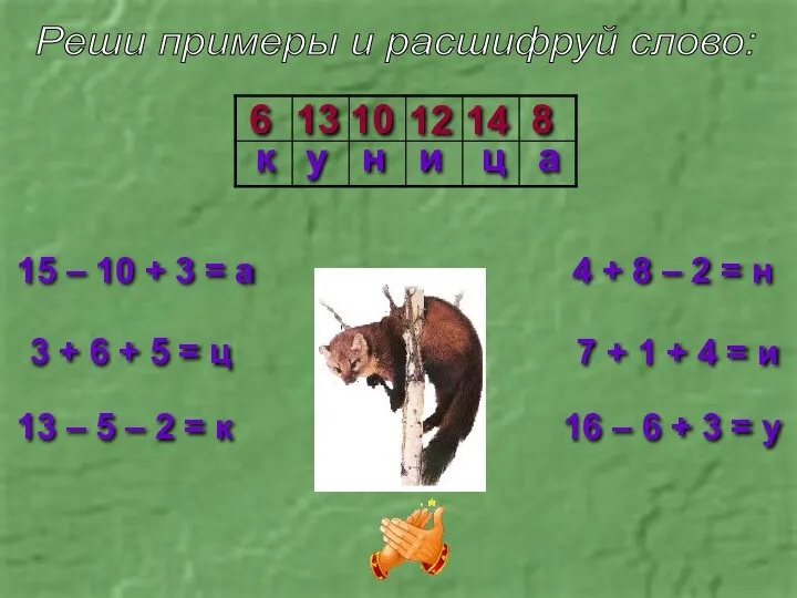 Реши примеры и расшифруй слово: 15 – 10 + 3 =