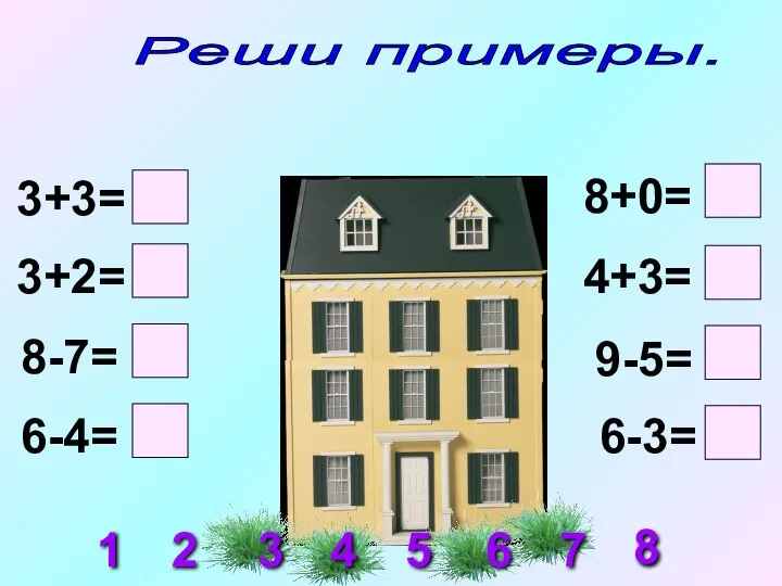 Реши примеры. 3+3= 3+2= 8-7= 6-4= 8+0= 4+3= 9-5= 6-3= 1