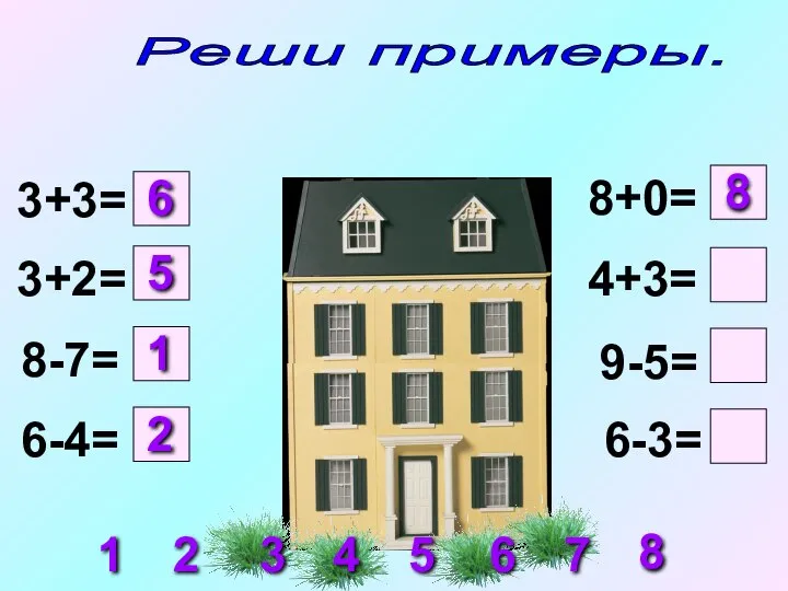 3+3= 3+2= 8-7= 6-4= 8+0= 4+3= 9-5= 6-3= 1 2 5