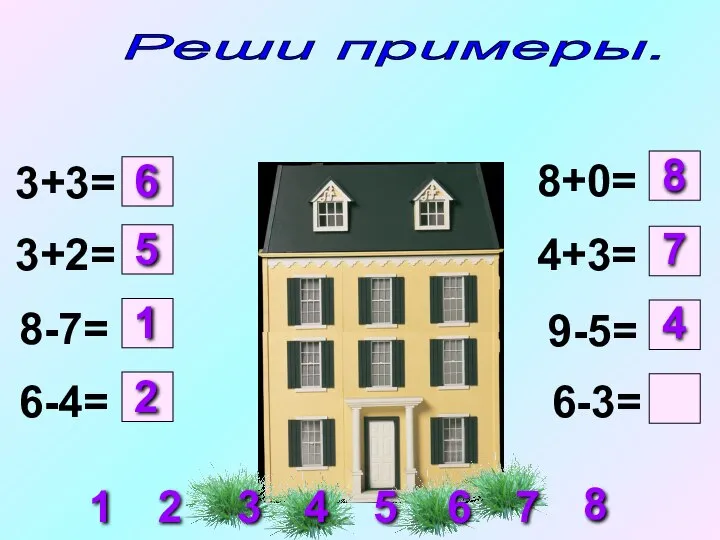 3+3= 3+2= 8-7= 6-4= 8+0= 4+3= 9-5= 6-3= 1 2 4