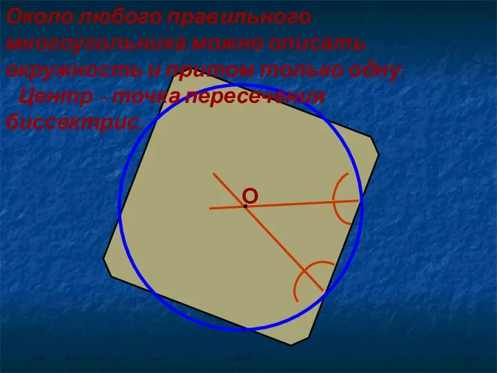 Около любого правильного многоугольника можно описать окружность и притом только одну.