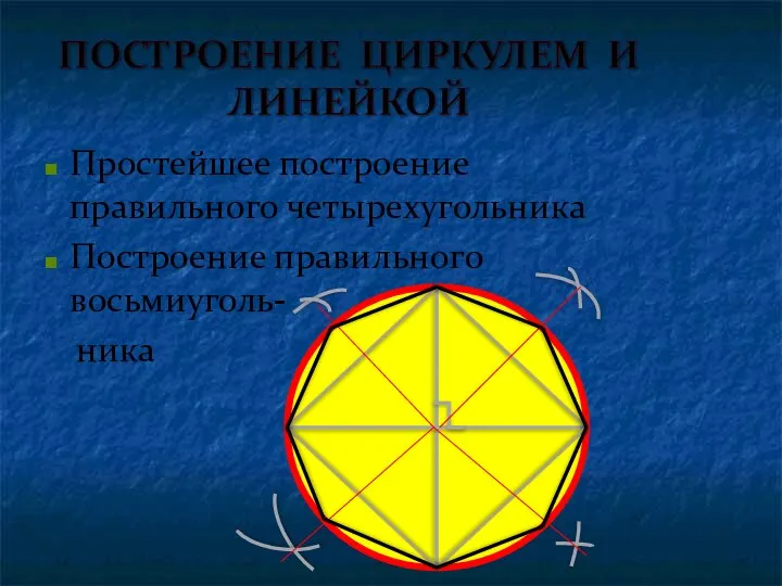 Простейшее построение правильного четырехугольника Построение правильного восьмиуголь- ника