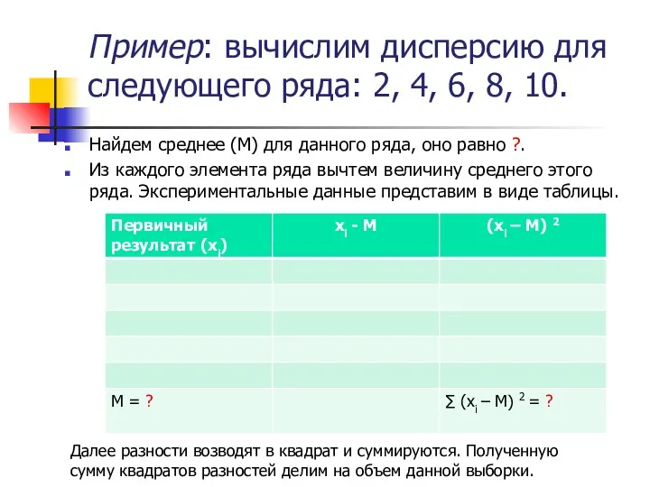 Пример: вычислим дисперсию для следующего ряда: 2, 4, 6, 8, 10.