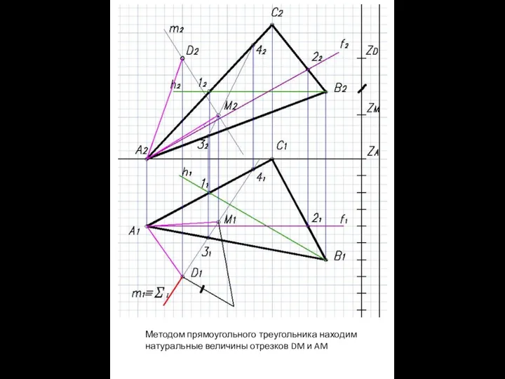 Методом прямоугольного треугольника находим натуральные величины отрезков DM и AM